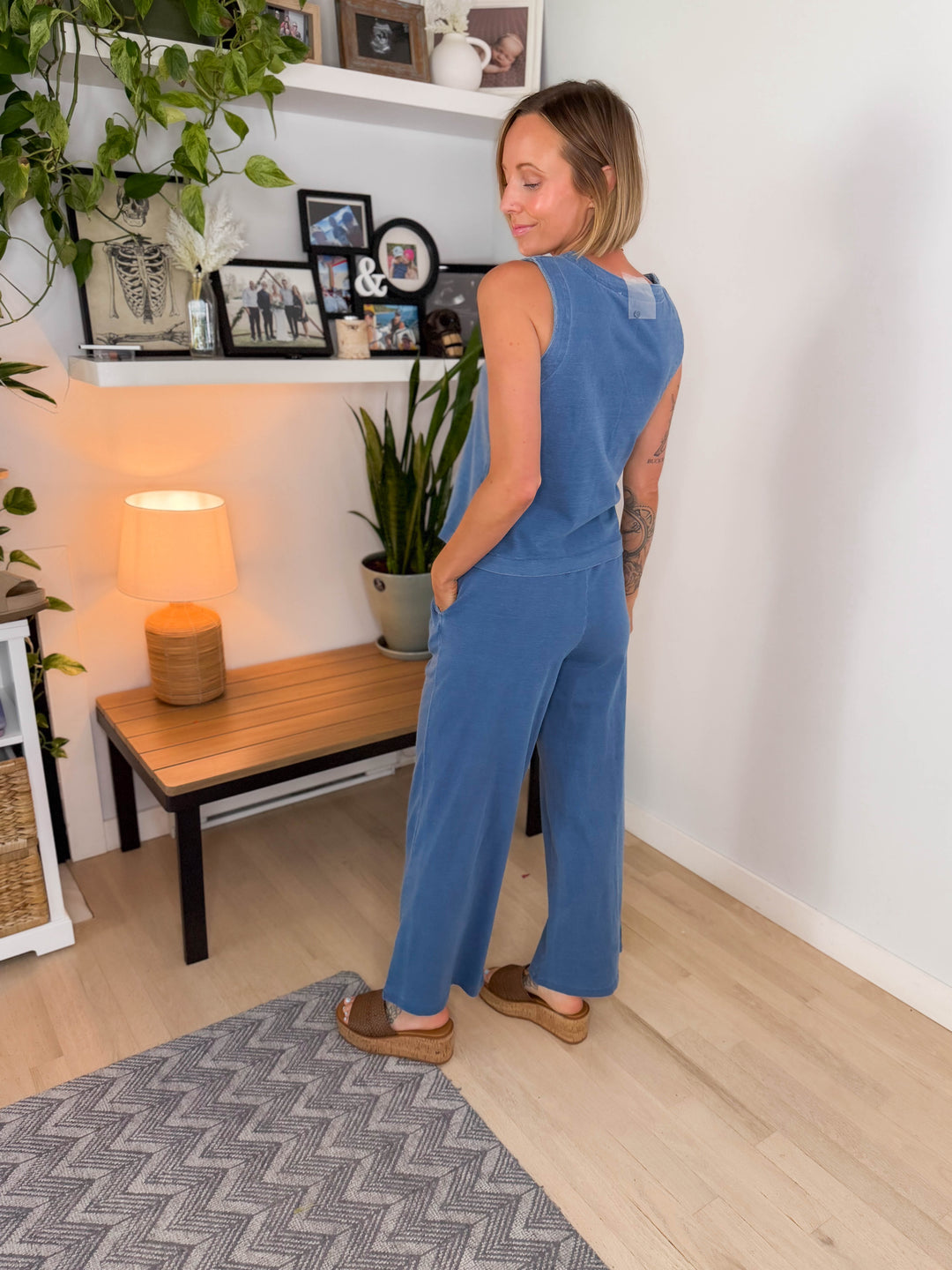 Tara Wide Leg Pants & Vest Top Cotton Set- DARK DENIM