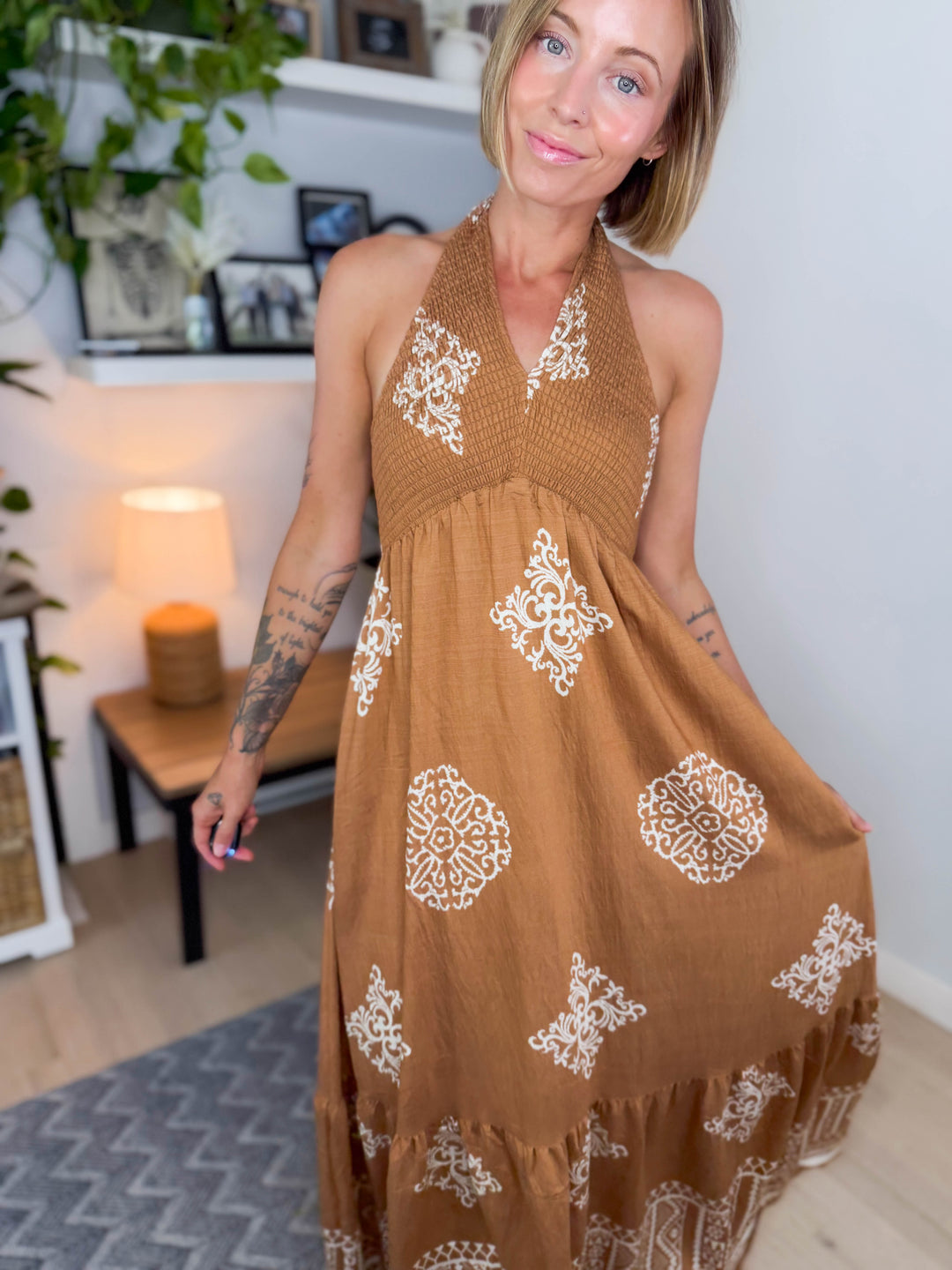 Sunbeam Sky Smocked Maxi- SANDALWOOD