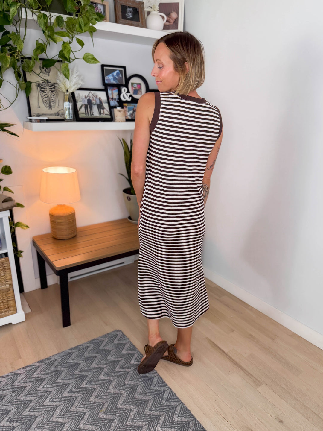 Georgie Stripe Henley Midi Dress- BROWN