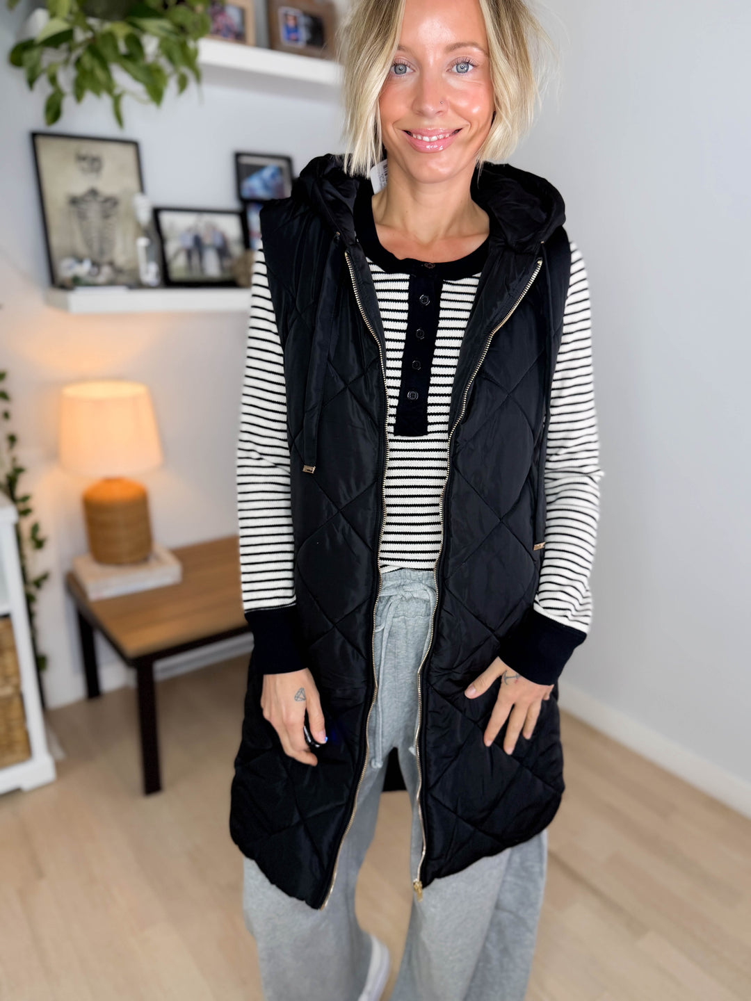 Gloria Quilted Long Puffer Hooded Vest- BLACK