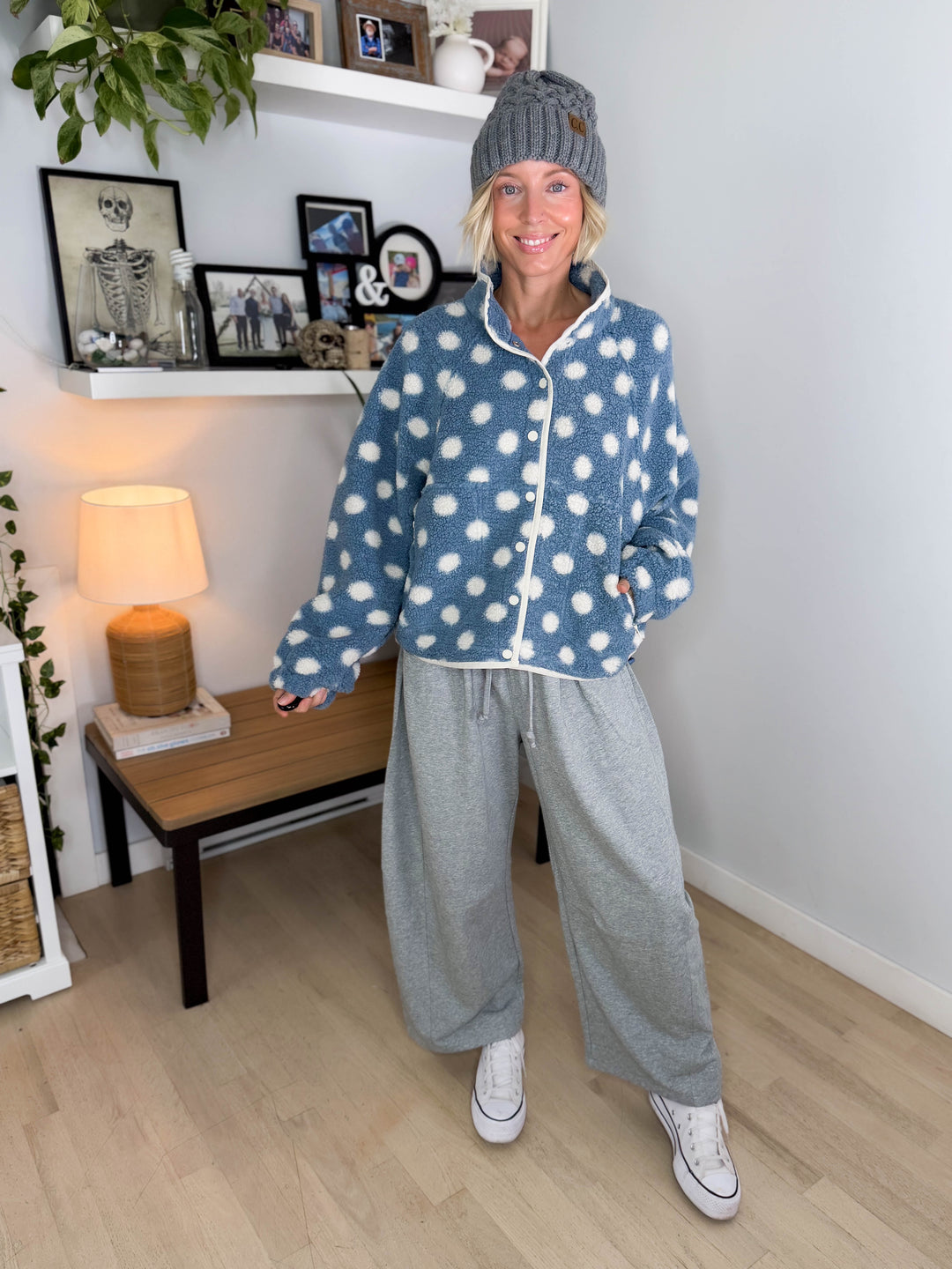 Karen Polka Dot Fleece Jacket- BLUE/IVORY
