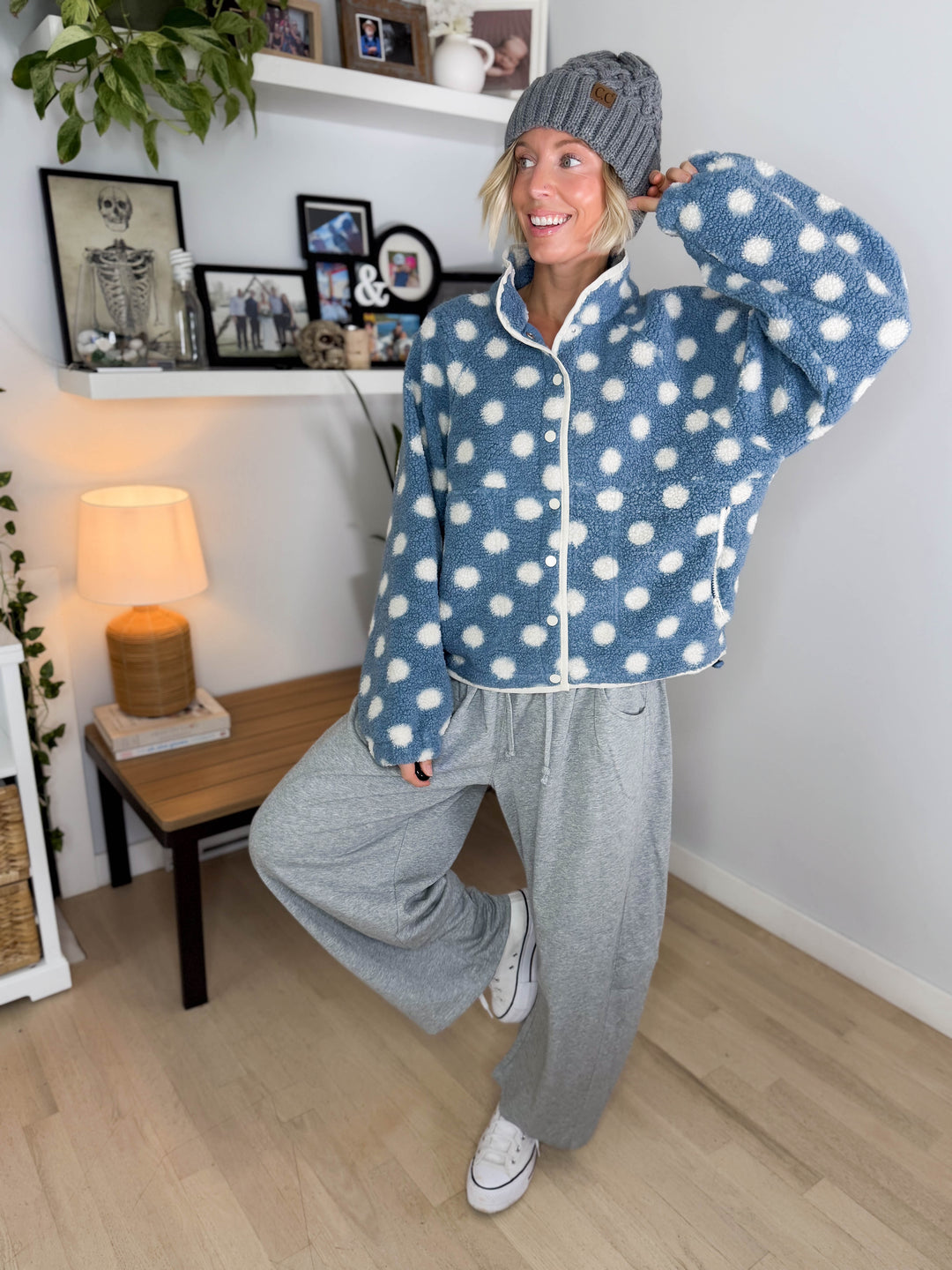 Karen Polka Dot Fleece Jacket- BLUE/IVORY