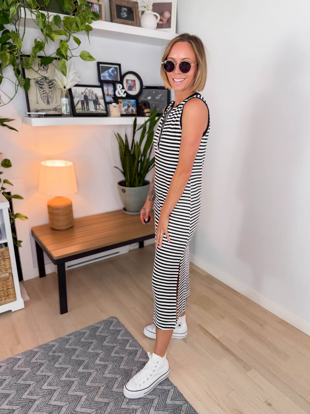 Georgie Stripe Henley Midi Dress- BLACK