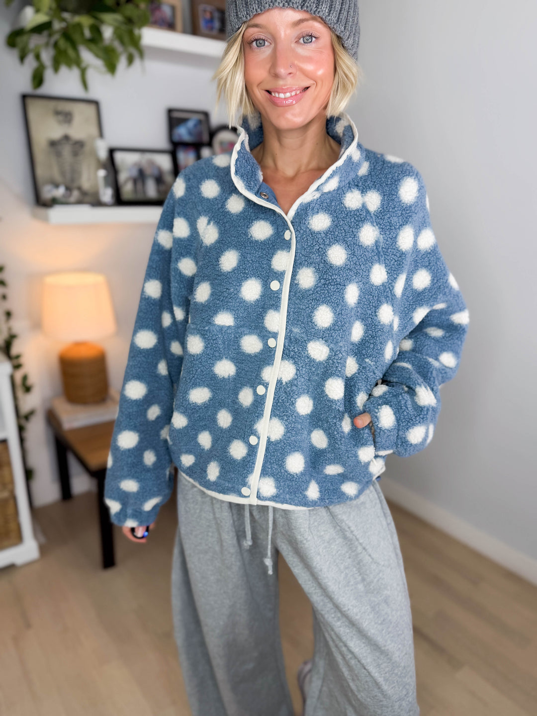 Karen Polka Dot Fleece Jacket- BLUE/IVORY