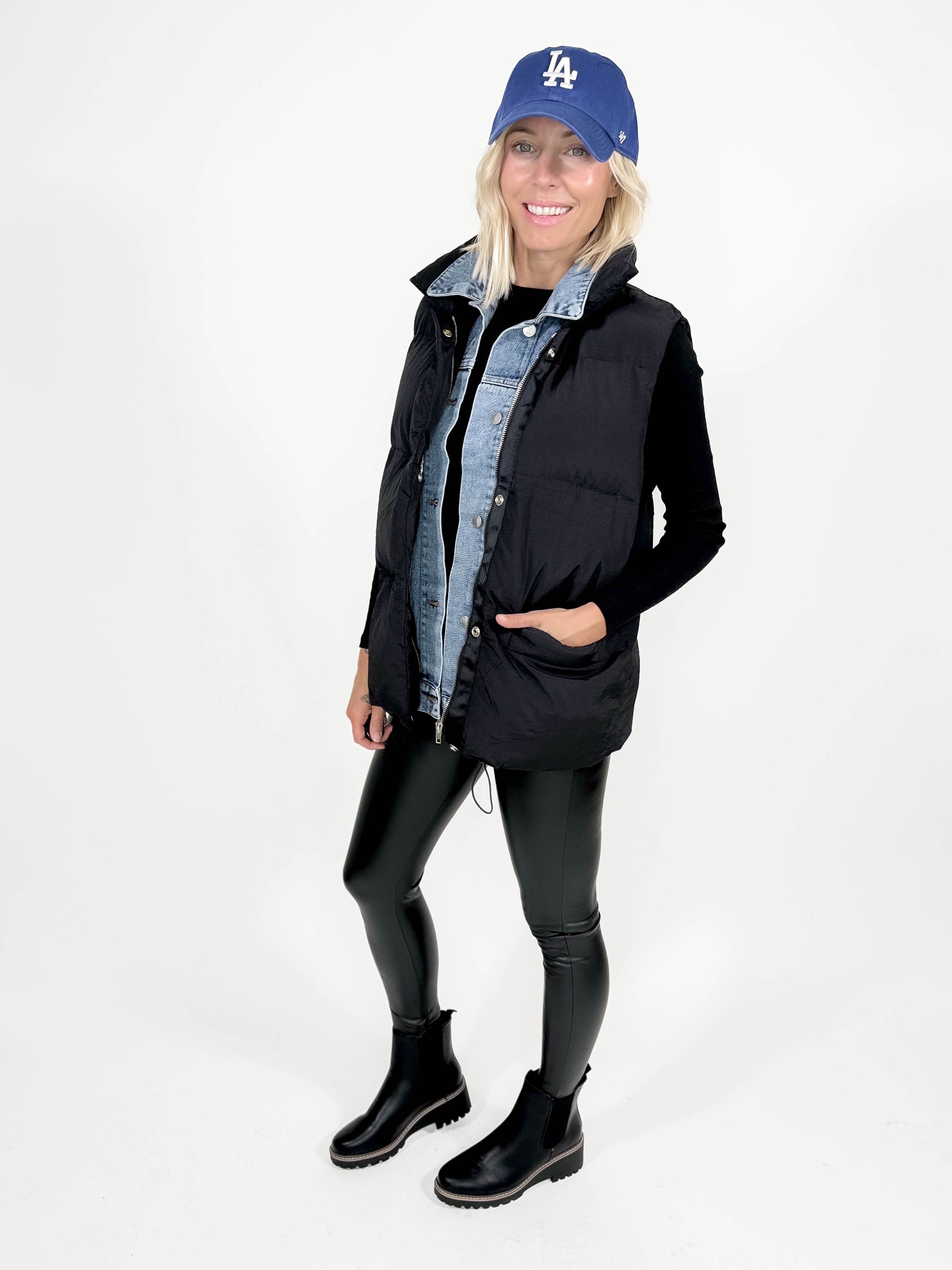 Ollie Denim Layered Puffer Vest- BLACK