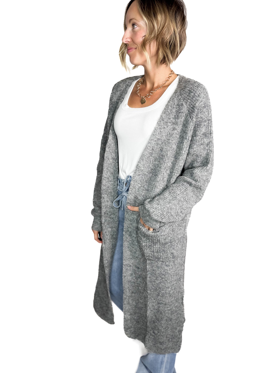 Alisa Longline Open Front Cardigan- CHARCOAL