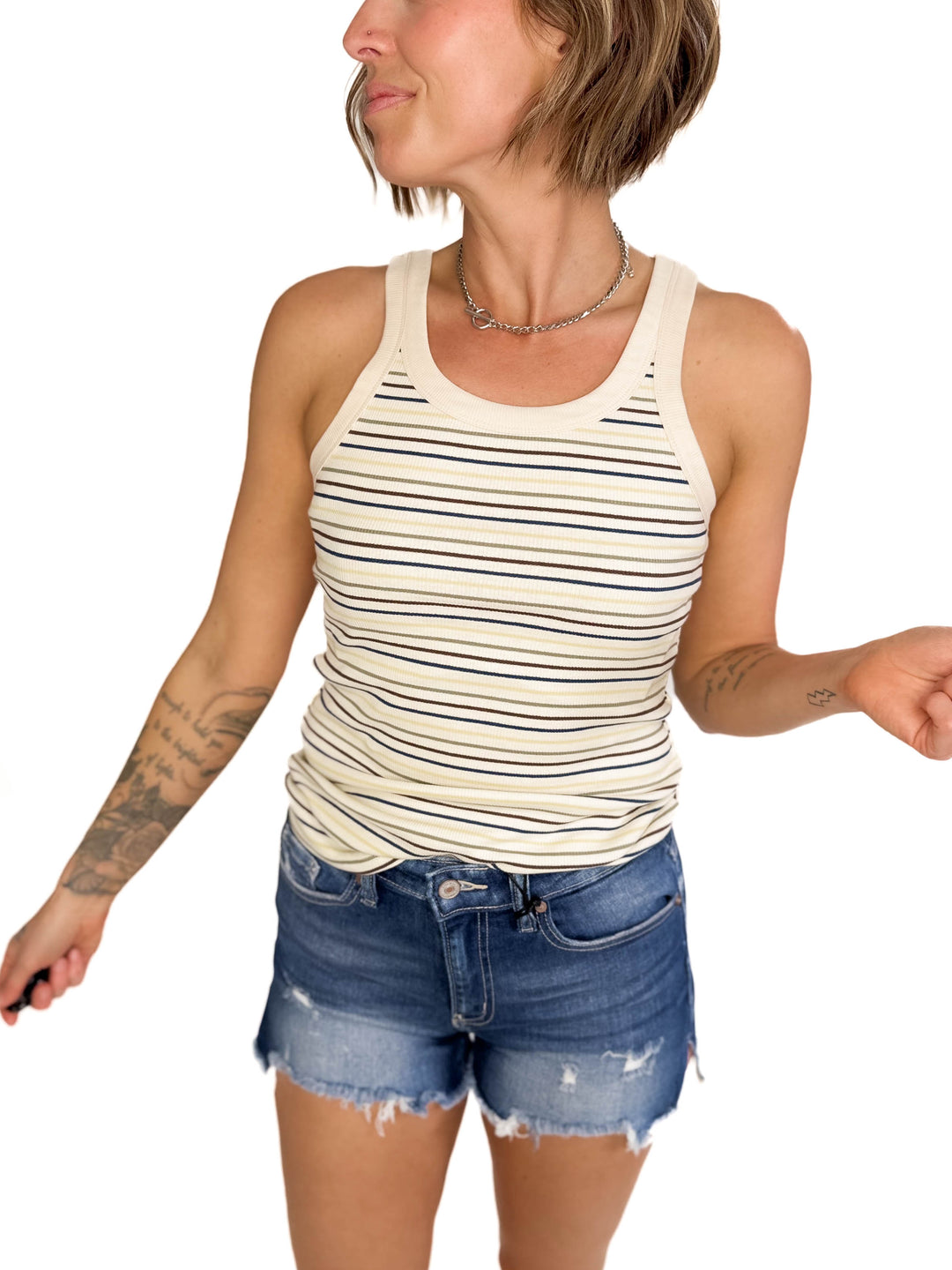 Sandra Ribbed Multi Striped Tank- RETRO  TEAL  MULTI-FINAL SALE