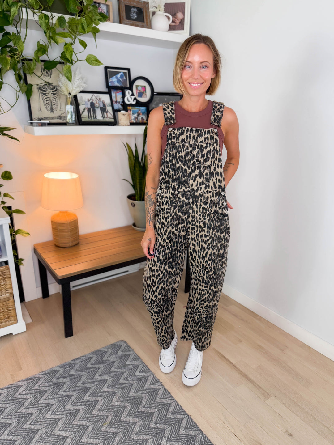 Luneh Leopard Print Barrel Overalls- CHESTNUT