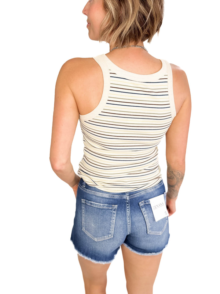 Sandra Ribbed Multi Striped Tank- RETRO  TEAL  MULTI-FINAL SALE