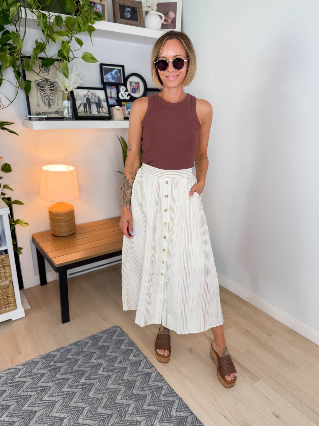 Luau Stripe Button Skirt- KHAKI