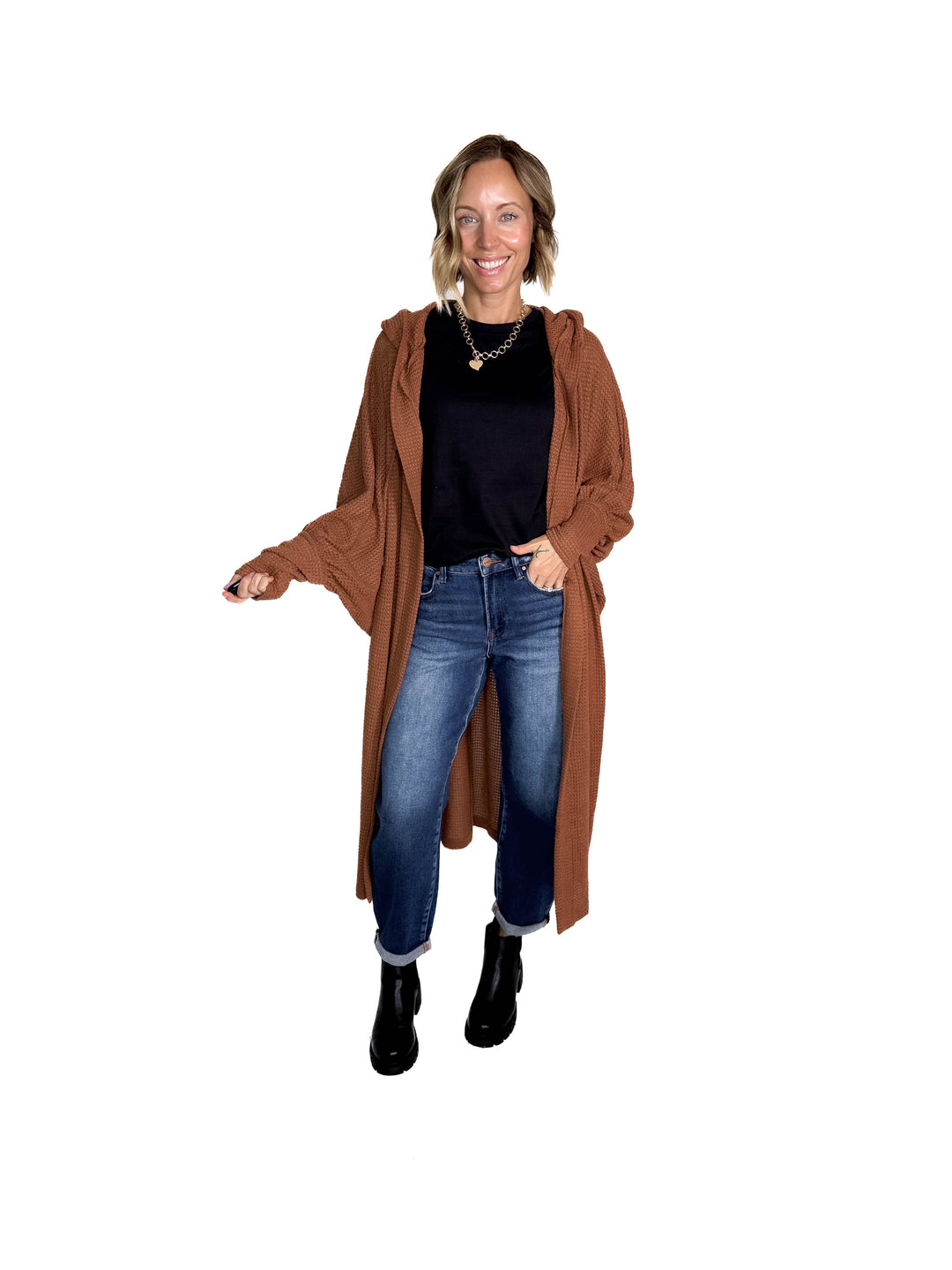 Myah Waffle Duster Cardigan- CHESTNUT