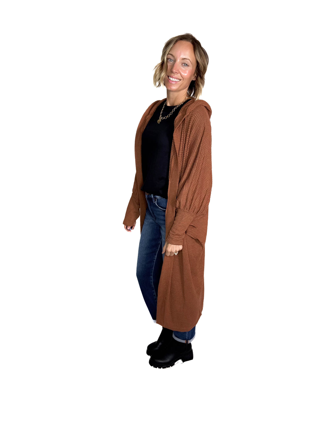 Myah Waffle Duster Cardigan- CHESTNUT