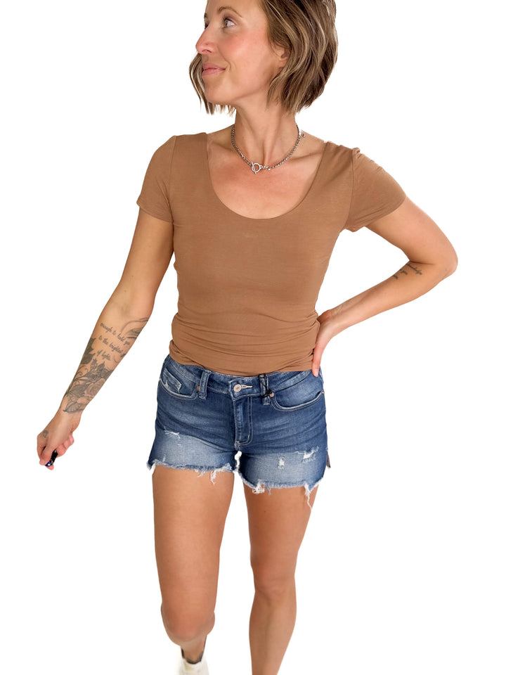 Lucy Scoop Neck Cap Sleeve Jersey Tee- TOFFEE-FINAL SALE