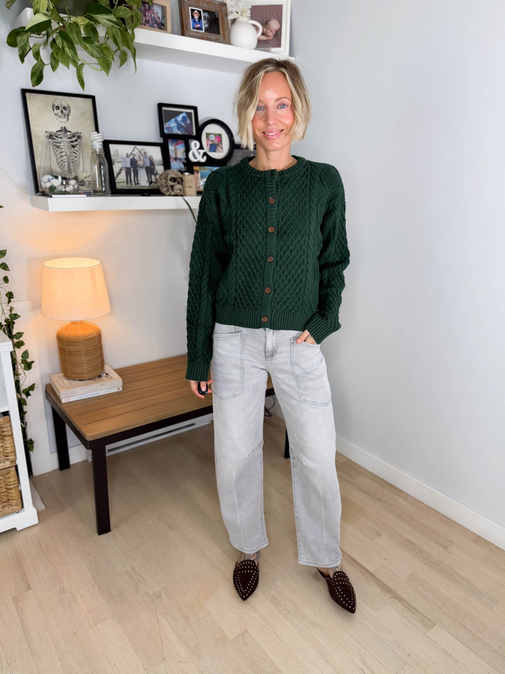 Claire Cable Knit Button Sweater- GREEN