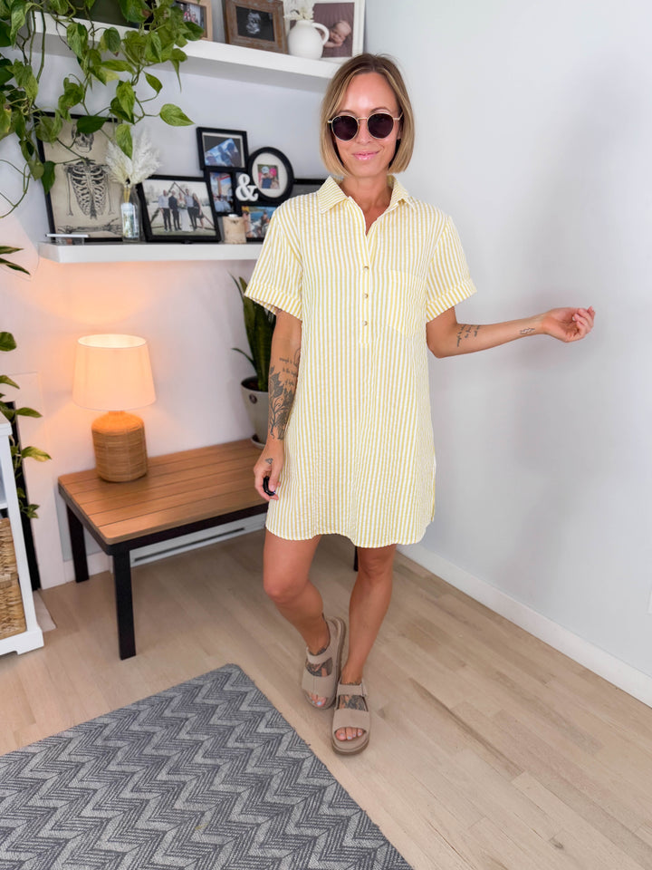 Marina Mae Seeksucker Dress- LEMON/WHITE