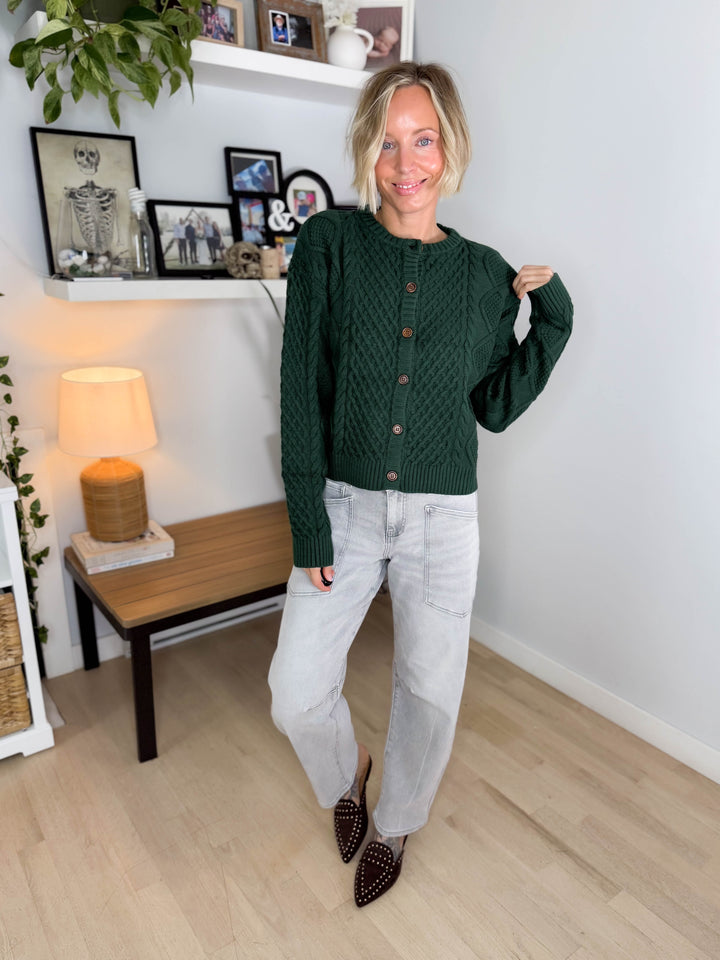 Claire Cable Knit Button Sweater- GREEN