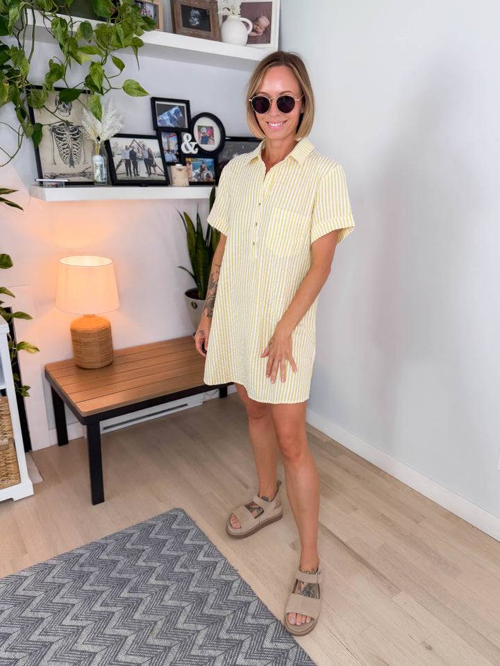 Marina Mae Seeksucker Dress- LEMON/WHITE