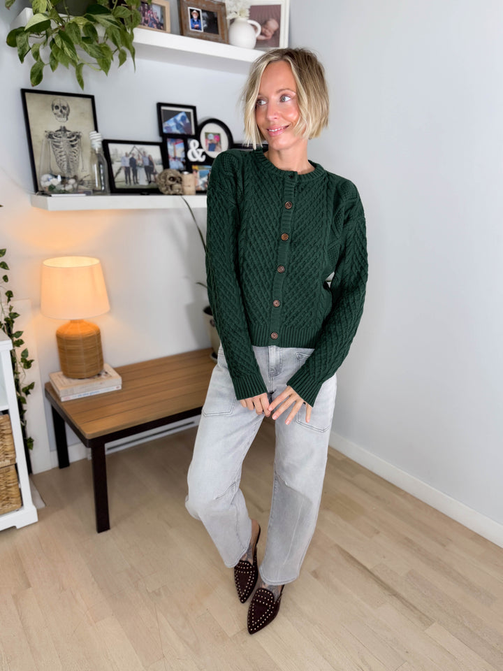 Claire Cable Knit Button Sweater- GREEN