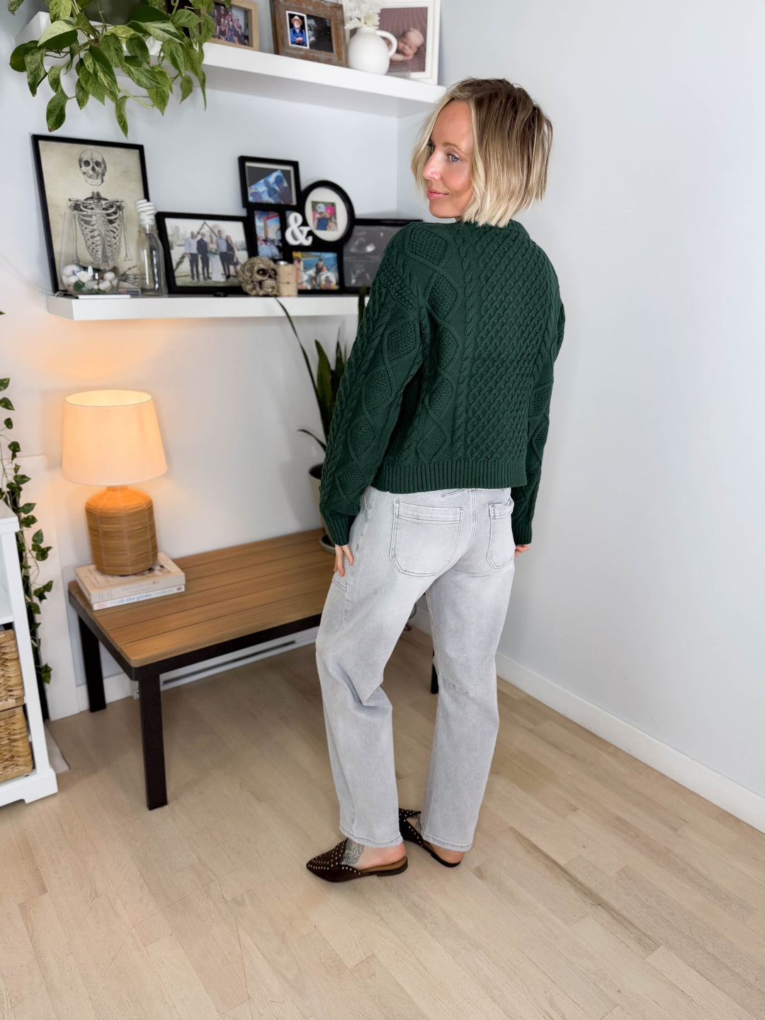 Claire Cable Knit Button Sweater- GREEN