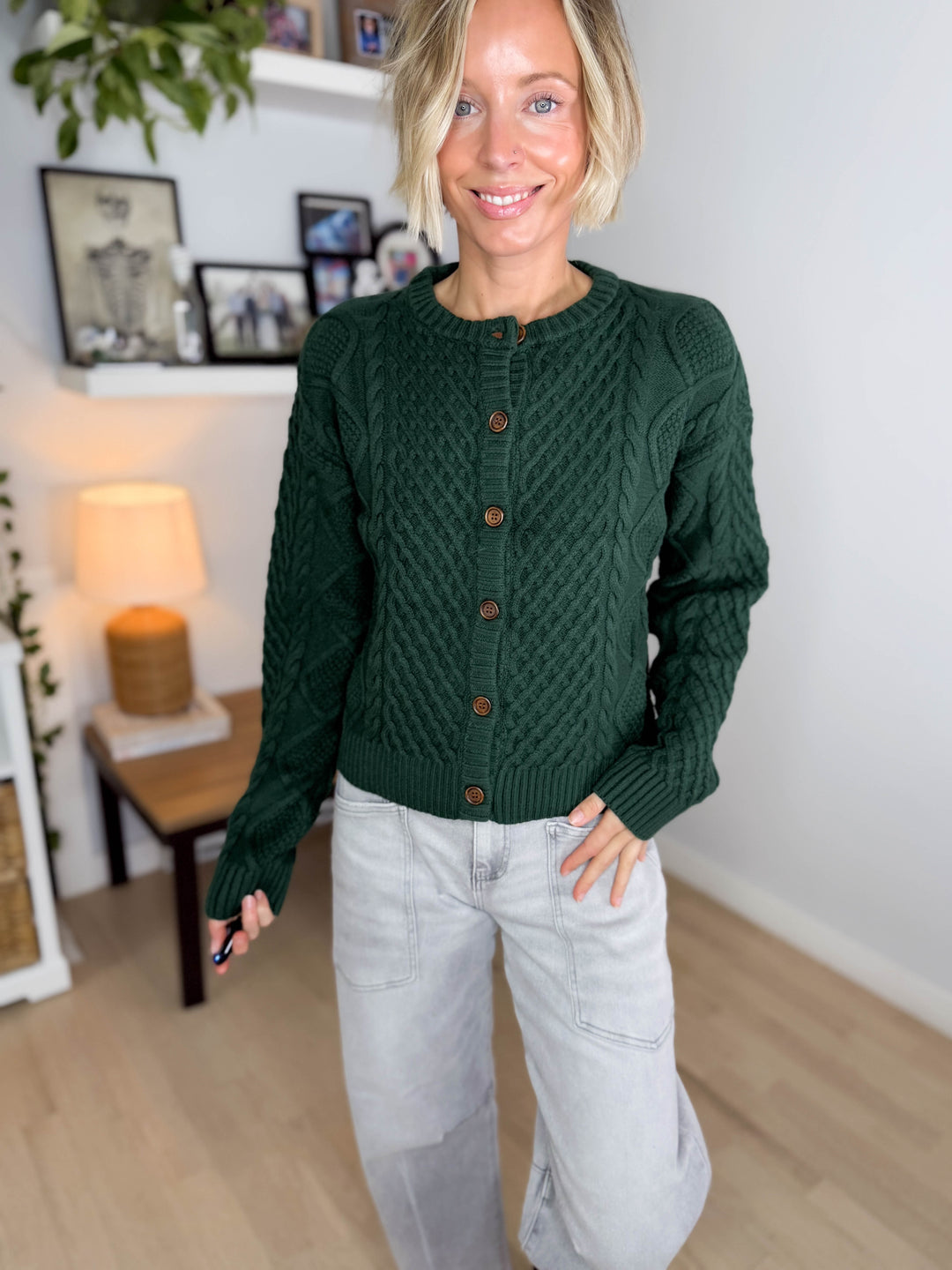 Claire Cable Knit Button Sweater- GREEN