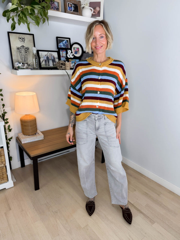 Posy Stripe 1/2 Sleeve Sweater Top- MUSTARD MULTI