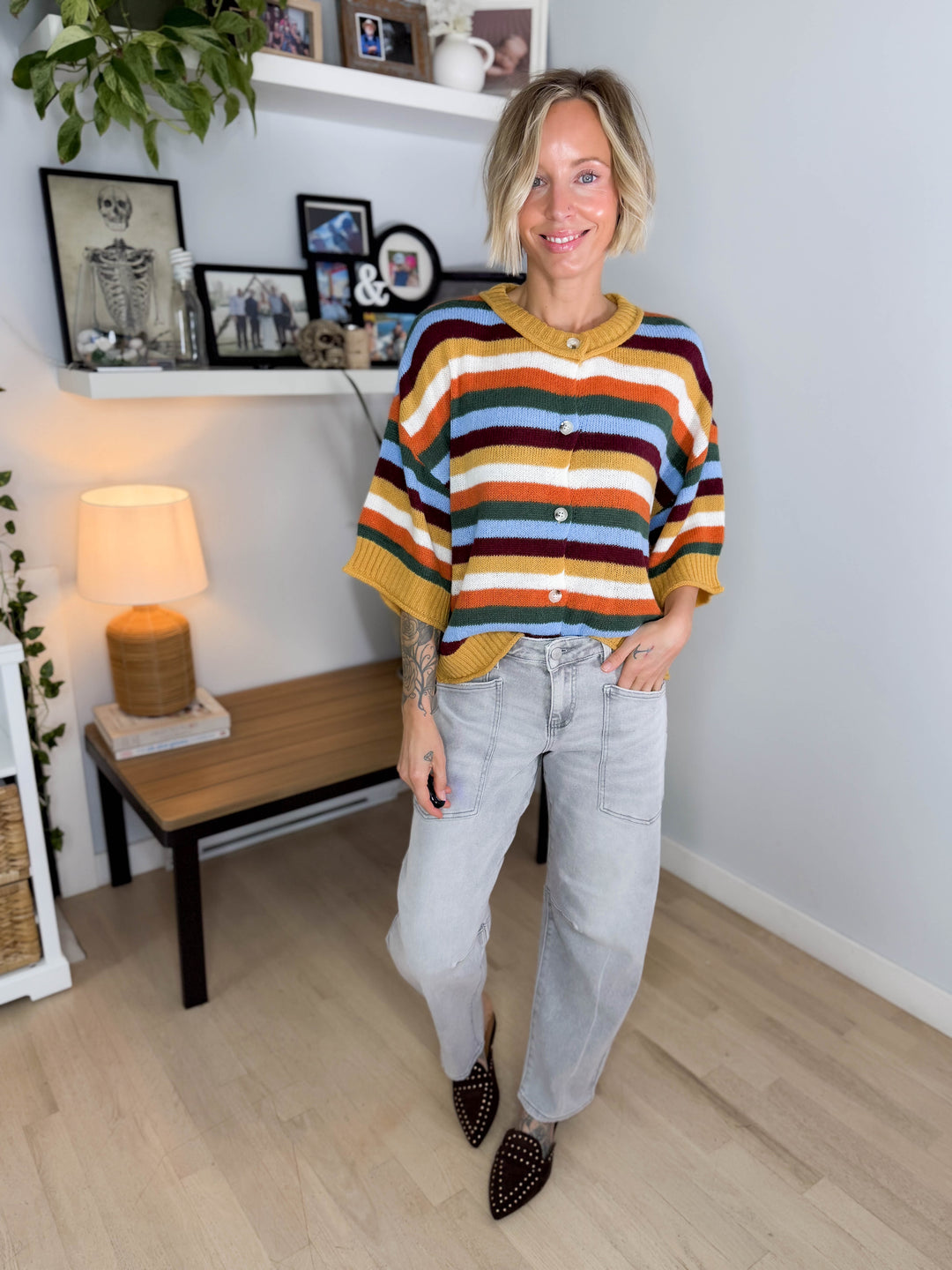 Posy Stripe 1/2 Sleeve Sweater Top- MUSTARD MULTI