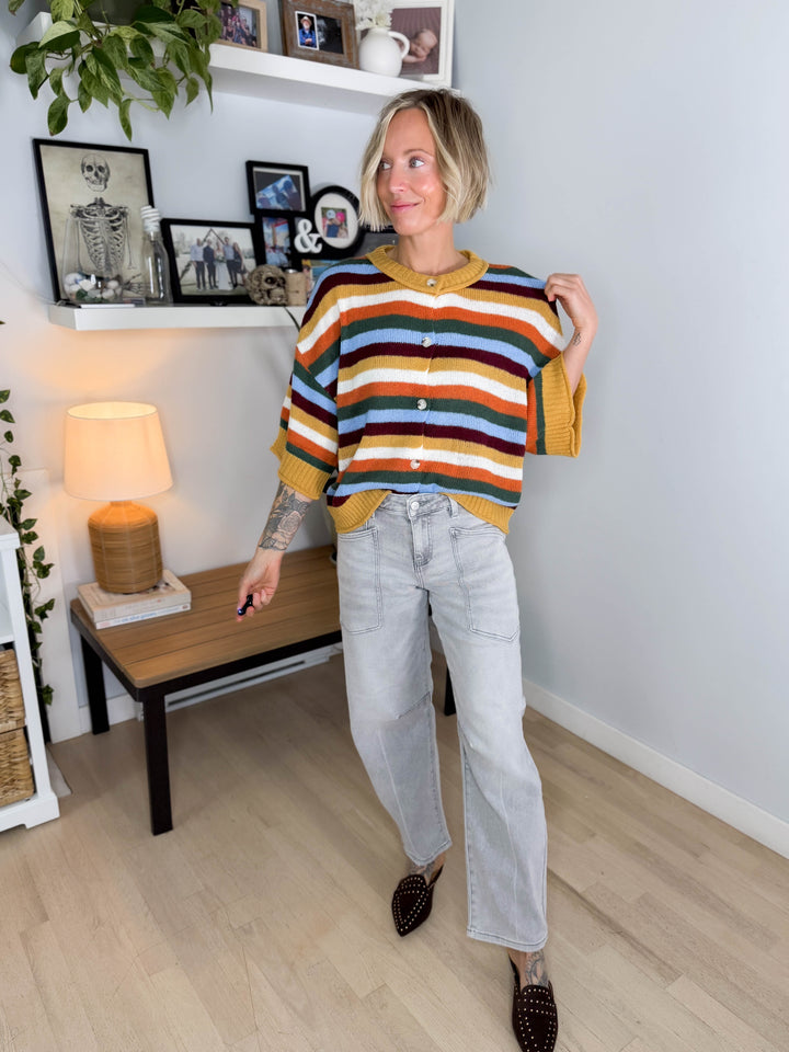 Posy Stripe 1/2 Sleeve Sweater Top- MUSTARD MULTI