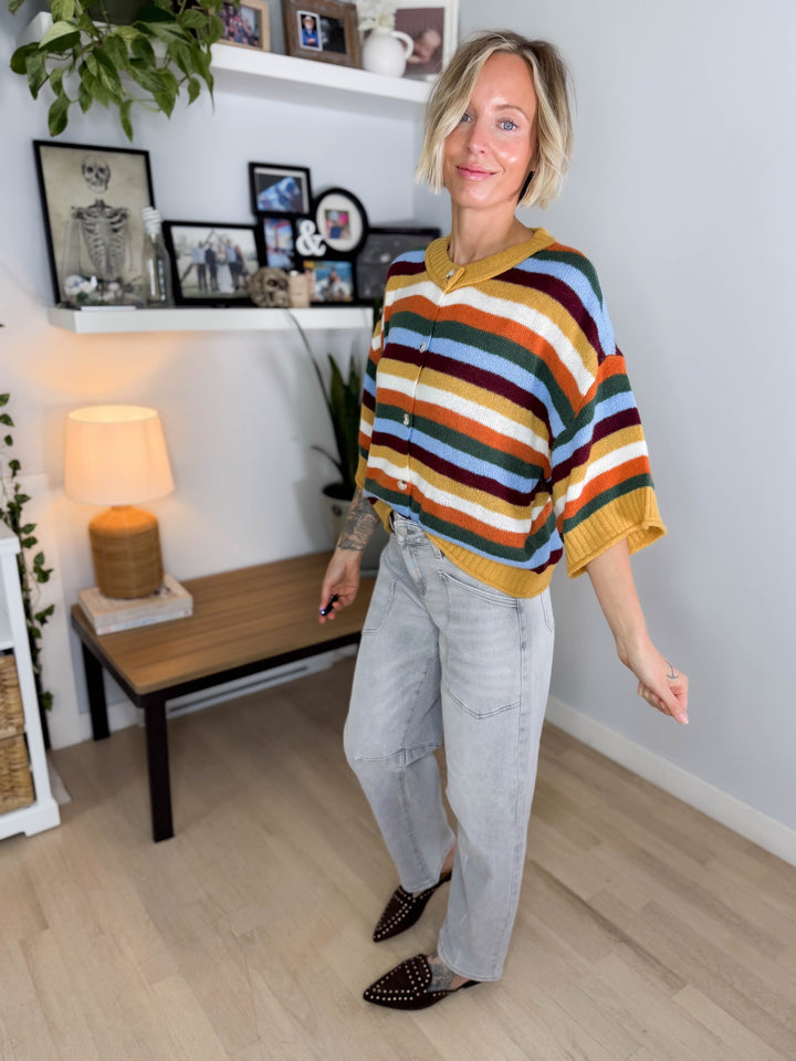 Posy Stripe 1/2 Sleeve Sweater Top- MUSTARD MULTI