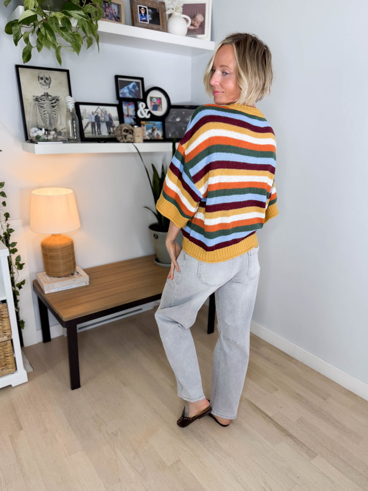 Posy Stripe 1/2 Sleeve Sweater Top- MUSTARD MULTI