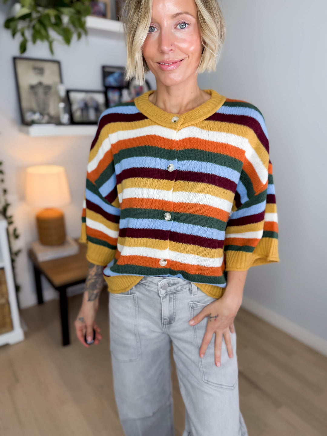 Posy Stripe 1/2 Sleeve Sweater Top- MUSTARD MULTI