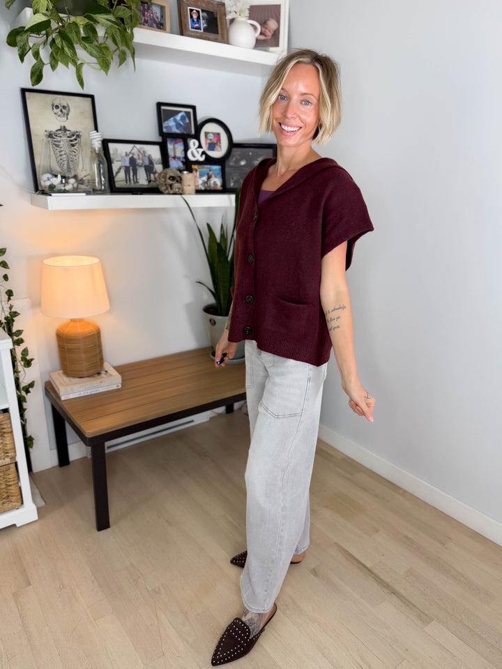 Oura Short Sleeve Button Down Hoodie Cardigan- BURGUNDY