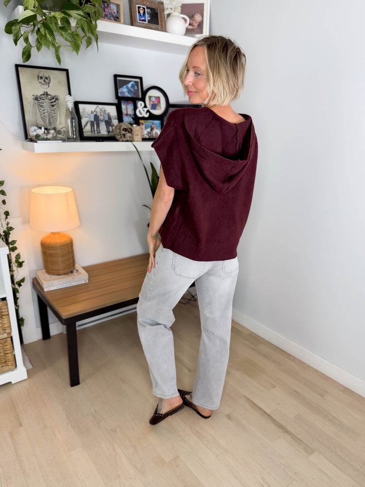 Oura Short Sleeve Button Down Hoodie Cardigan- BURGUNDY