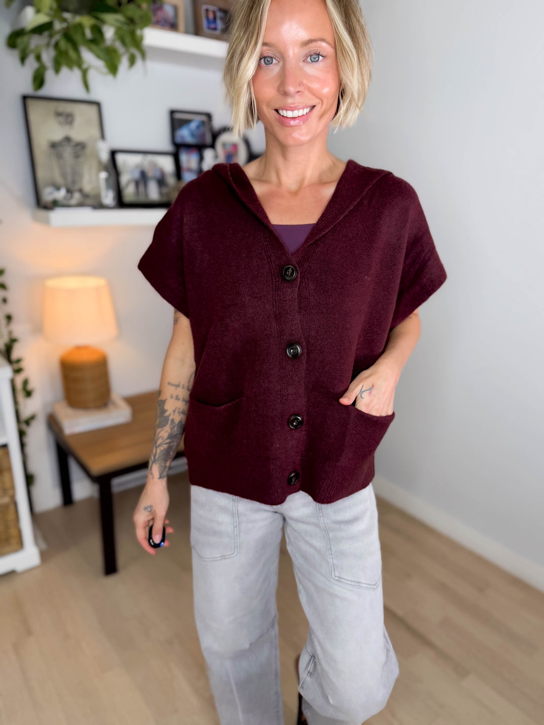 Oura Short Sleeve Button Down Hoodie Cardigan- BURGUNDY