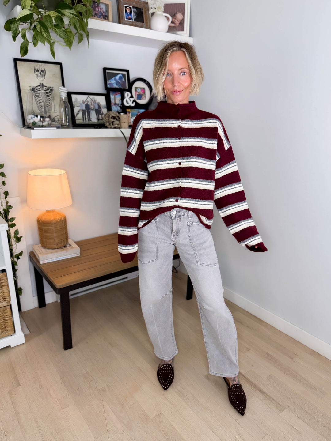 Cove Mockneck Stripe Button Down Sweater- OXBLOOD MULTI