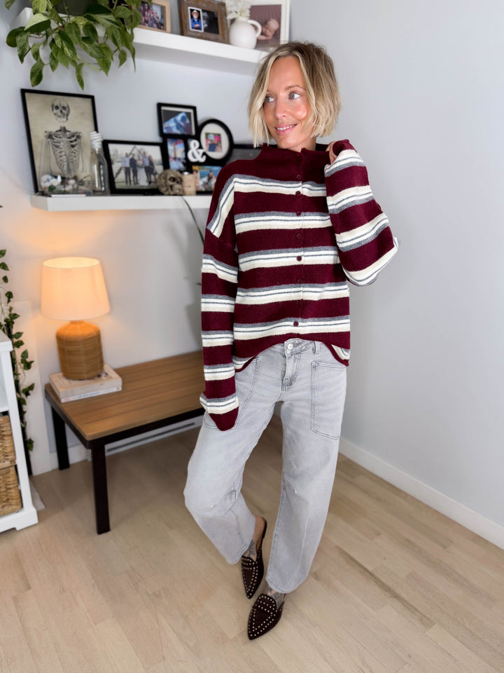 Cove Mockneck Stripe Button Down Sweater- OXBLOOD MULTI