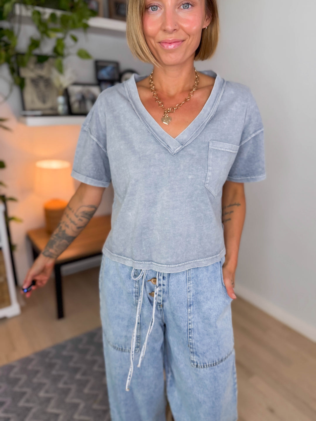 Collins Boxy V-neck Tee- SLATE BLUE