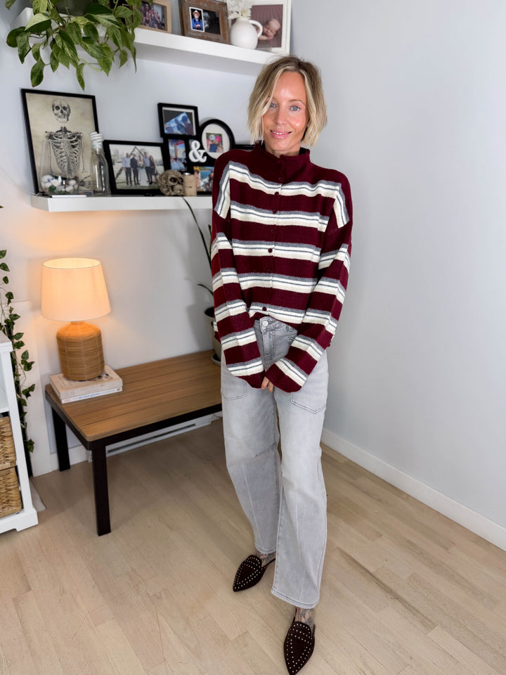 Cove Mockneck Stripe Button Down Sweater- OXBLOOD MULTI