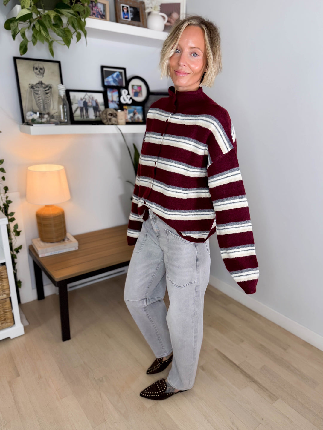 Cove Mockneck Stripe Button Down Sweater- OXBLOOD MULTI