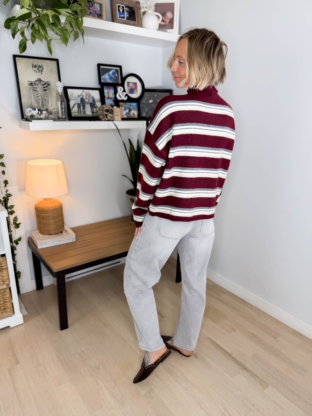 Cove Mockneck Stripe Button Down Sweater- OXBLOOD MULTI