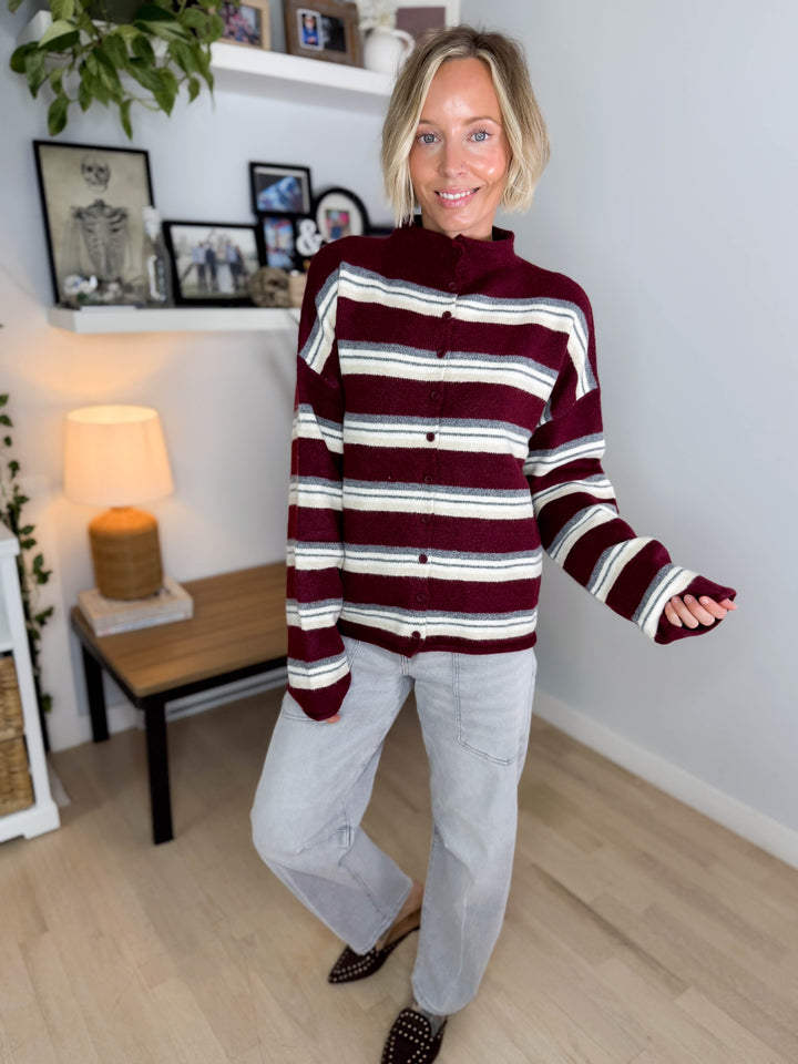 Cove Mockneck Stripe Button Down Sweater- OXBLOOD MULTI