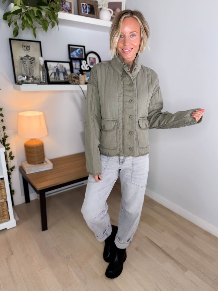 Baylor Mineral Washed Quilted Jacket- SAGE