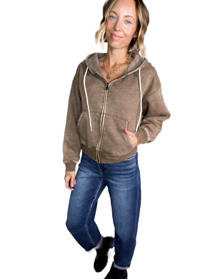 Muse Acid Wash Fleece Zip Up Hoodie- MOCHA