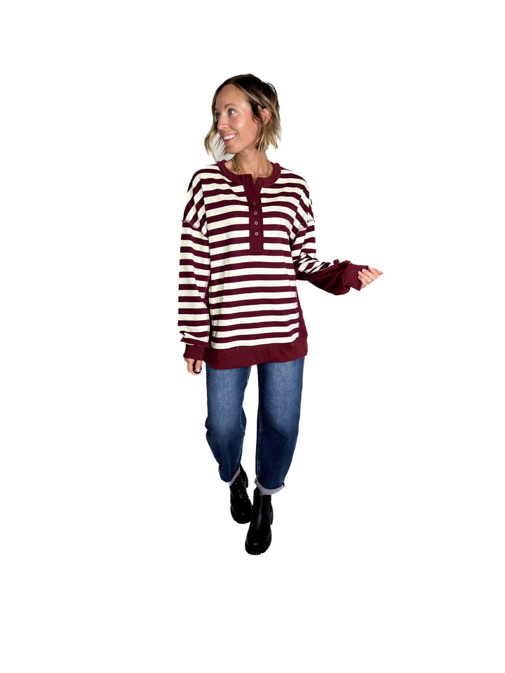 Brook 1/2 Button Pullover- BURGUNDY/CREAM