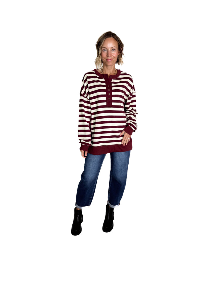 Brook 1/2 Button Pullover- BURGUNDY/CREAM