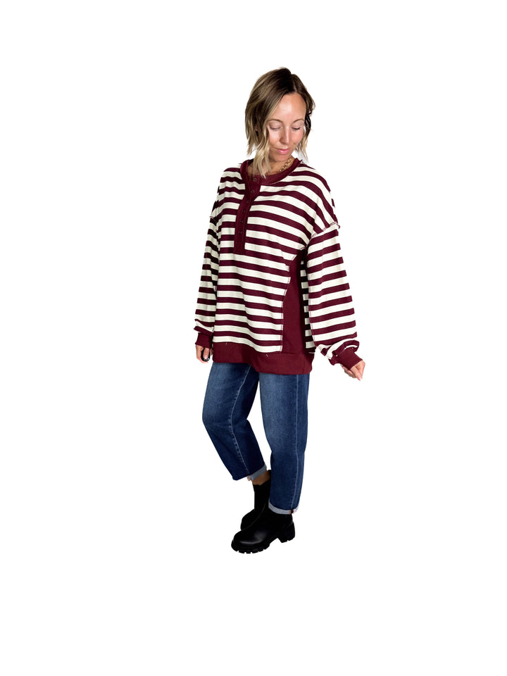 Brook 1/2 Button Pullover- BURGUNDY/CREAM