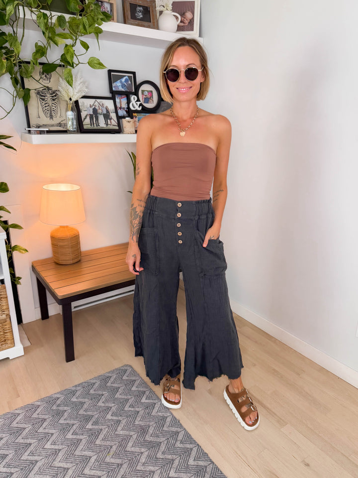 Tulum Washed Frayed Linen Blend Pant- CHARCOAL