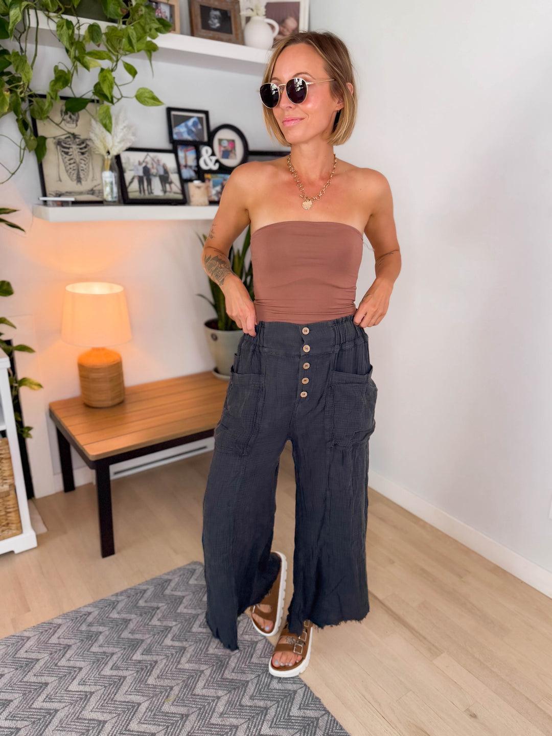 Tulum Washed Frayed Linen Blend Pant- CHARCOAL