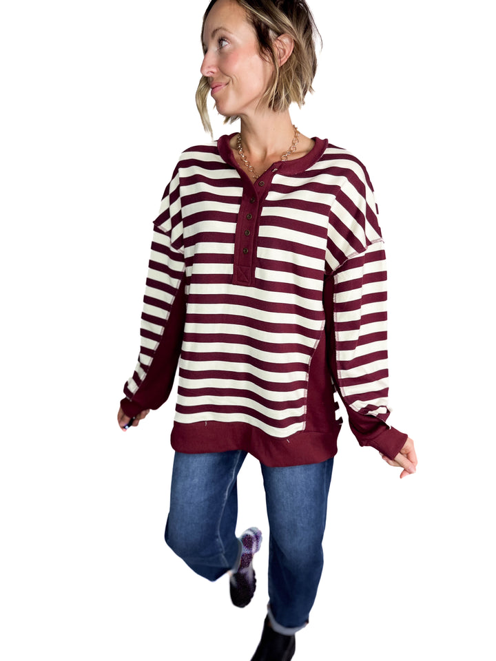 Brook 1/2 Button Pullover- BURGUNDY/CREAM