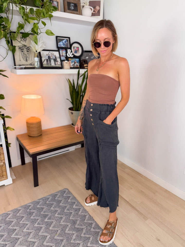 Tulum Washed Frayed Linen Blend Pant- CHARCOAL