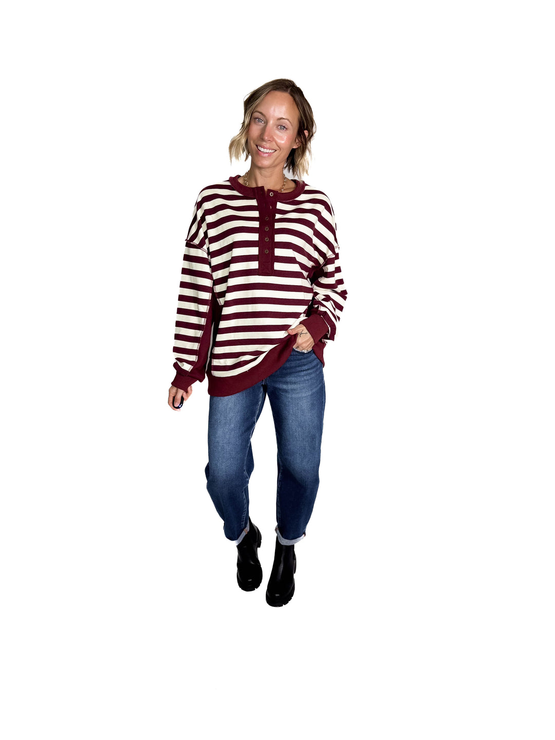 Brook 1/2 Button Pullover- BURGUNDY/CREAM